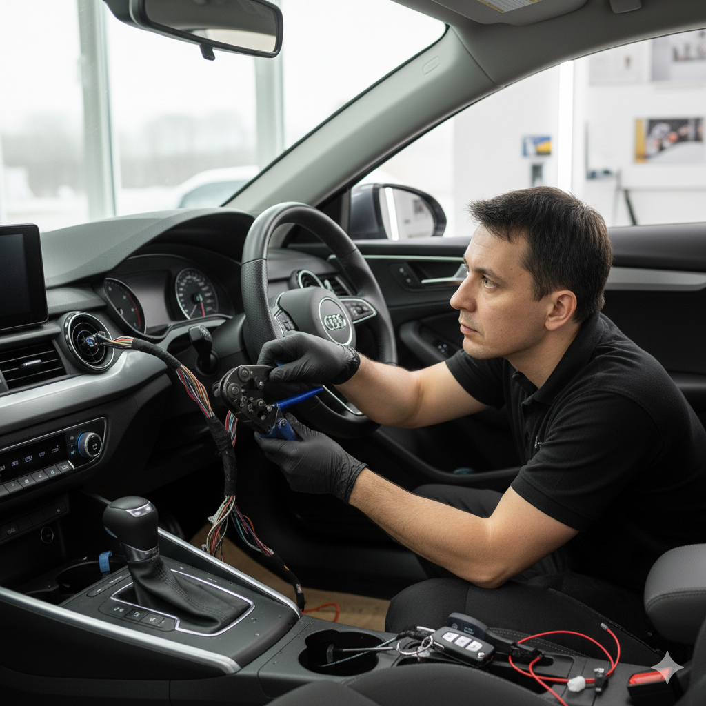 Technician installing a remote starter on a vehicle